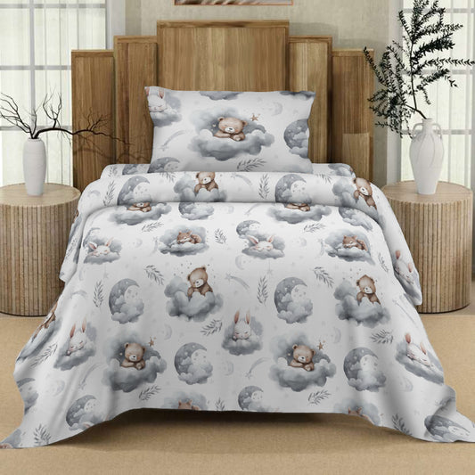 Teddy Printed Grey Kids Bed Sheet