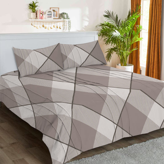 3 Piece - Checked Brown Lined Printed Bed Sheet - 3036