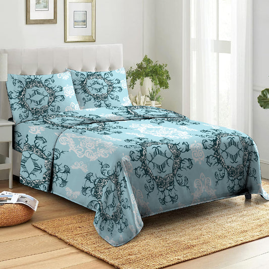 3 Piece - Motive Printed Pale Blue Bed Sheet Set - 3006