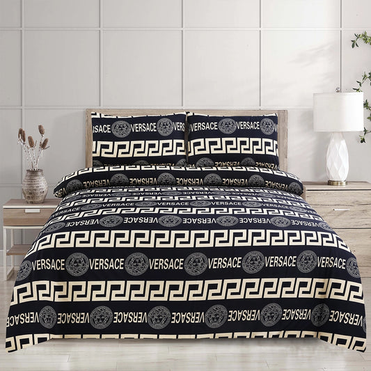 6 Piece - Black & White Greek Key Printed Duvet Cover Set