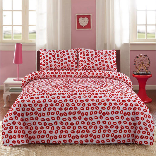 6 Piece - Pink & White Lip Printed Duvet Cover Set