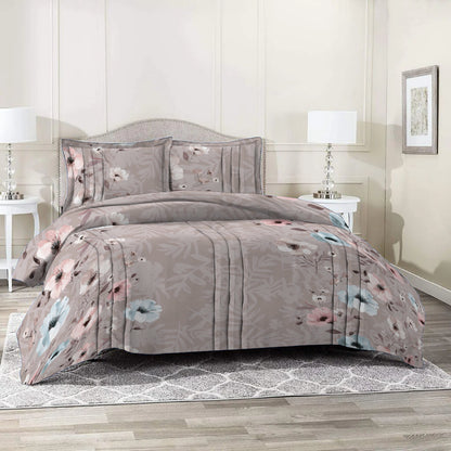 6 Piece - Pinkish Grey Floral Printed Duvet Cover Set