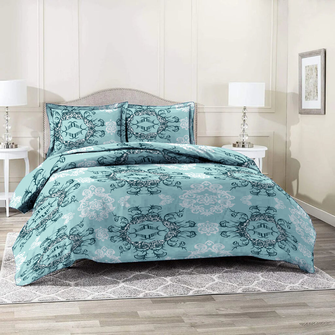 6 Piece - Motive Printed Pale Blue Duvet Cover Set