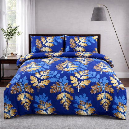 3/6 Piece - Royal Blue & Golden Leaf Print Set - 3388