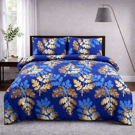 3/6 Piece - Royal Blue & Golden Leaf Print Set - 3388