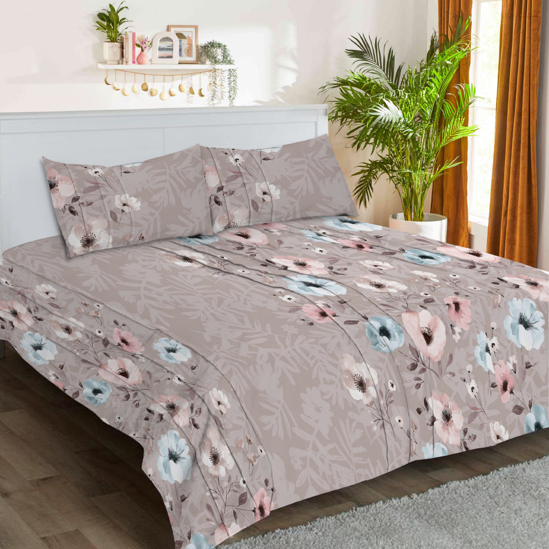 6 Piece - Pinkish Grey Floral Printed Duvet Cover Set