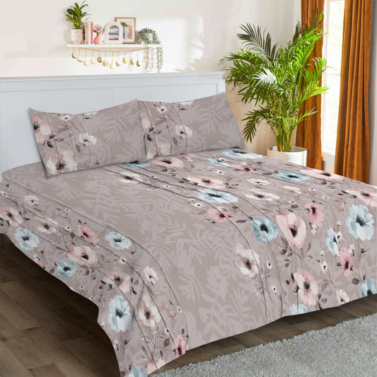 3 Piece - Pinkish Grey Floral Printed Bed Sheet - 3034