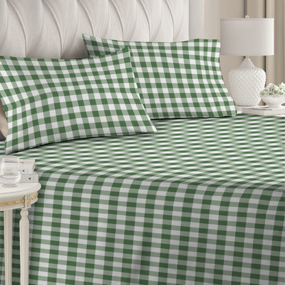 6 Piece - Green Checkered Printed Duvet Cover Set