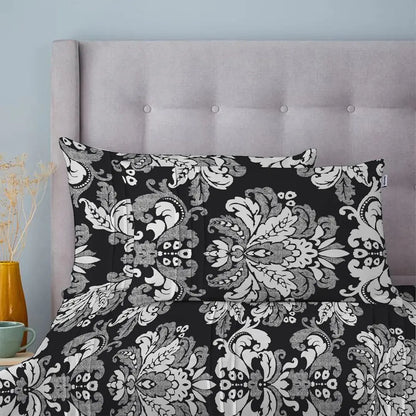 3 Piece - Black Flora Printed Bed Sheet Set - 2037