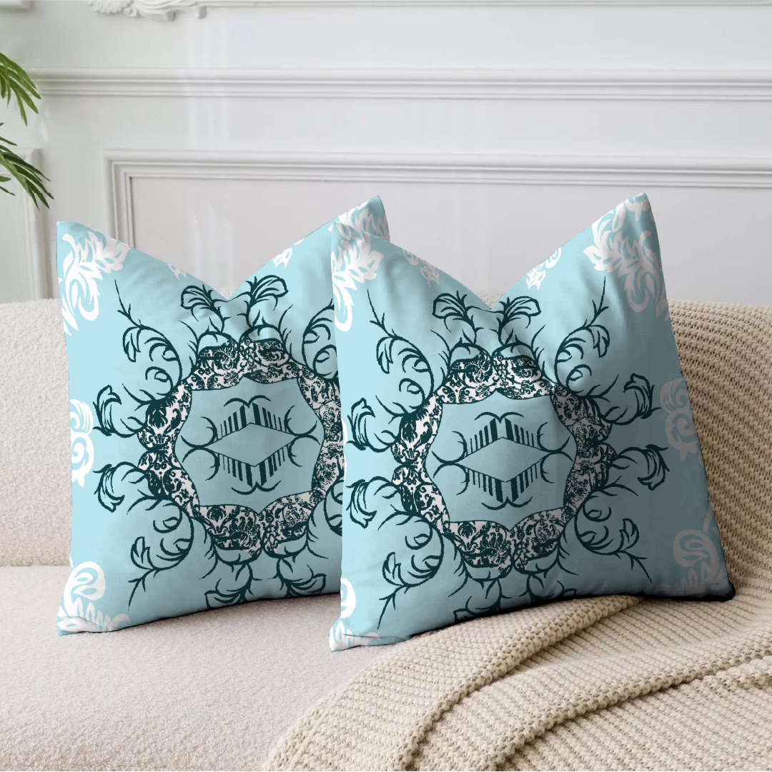 Pale Blue Motive Printed Cushion Cover