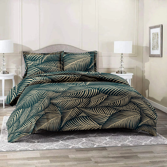 6 Piece - Dark Green Leaf Printed Duvet Cover Set