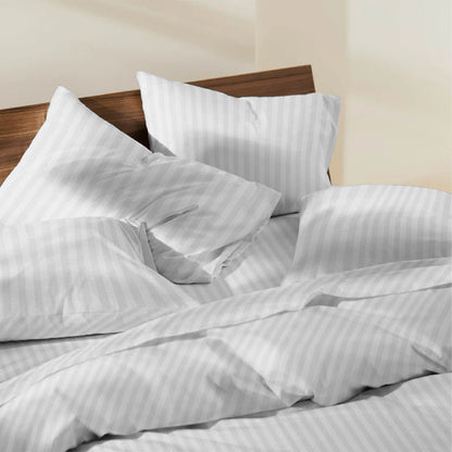 3 Piece - White Striped Cotton Sateen Bed Sheet Set