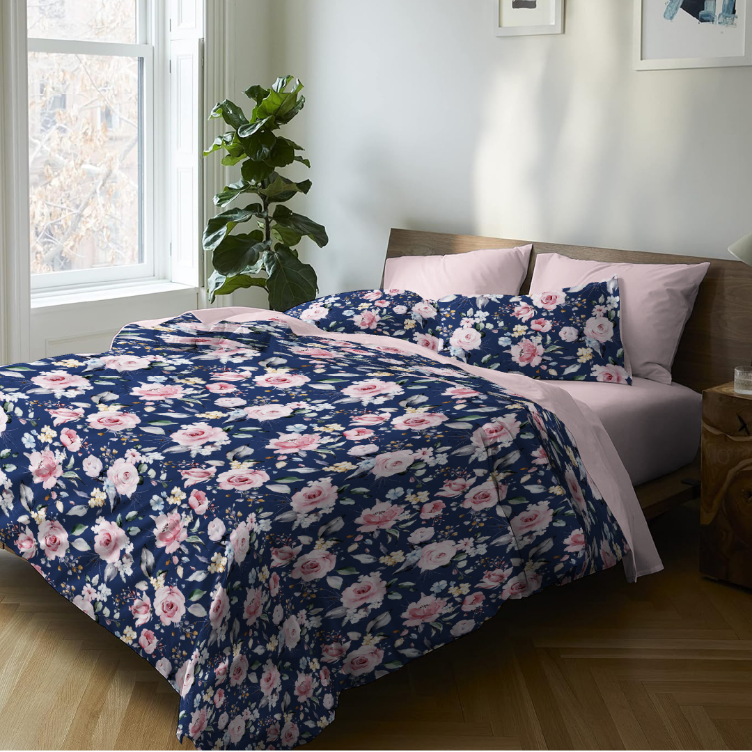 6 Piece - Pink Roses on Blue Printed - Comforter Set