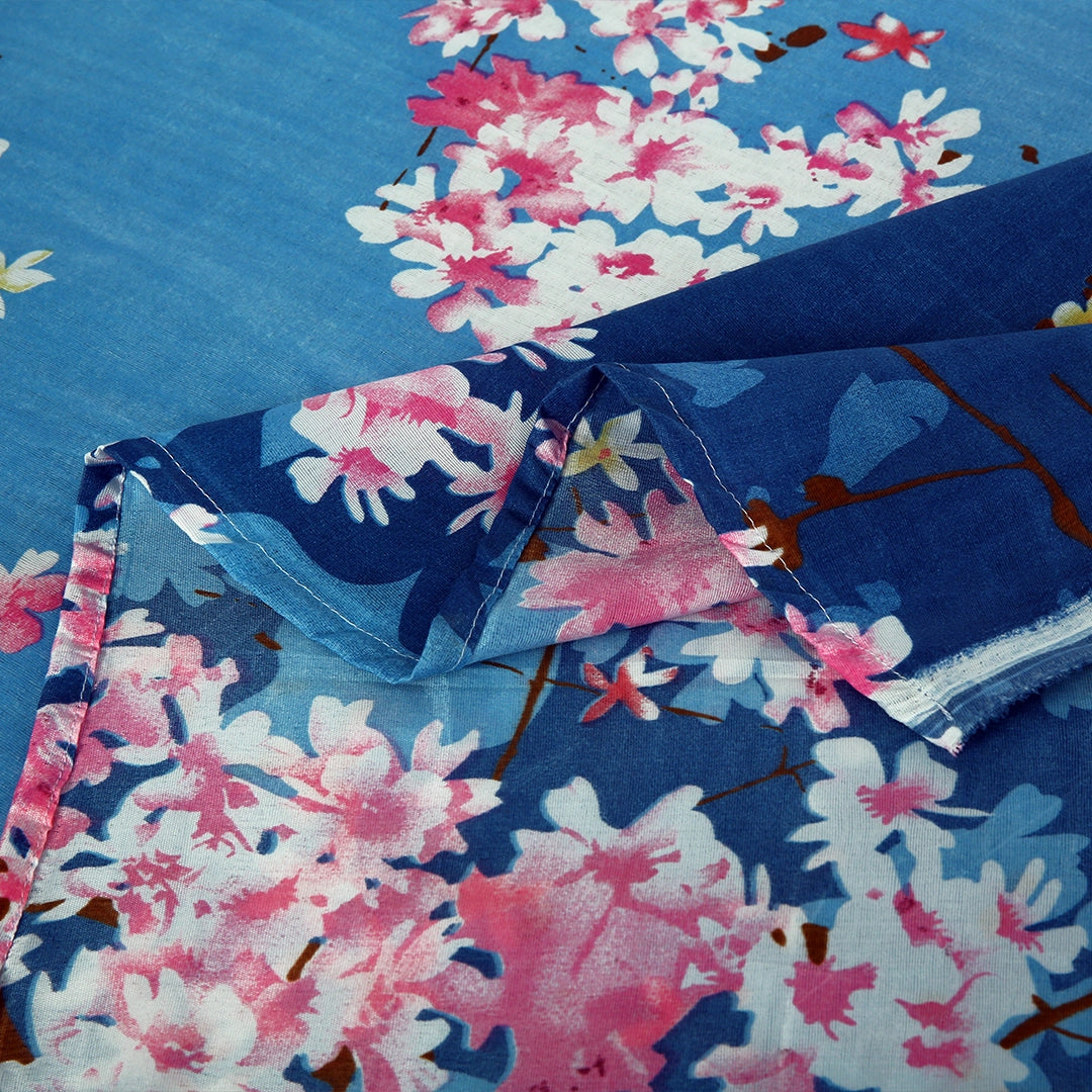 6 Piece - Dark Blue and Pink Floral Printed Duvet Cover Set