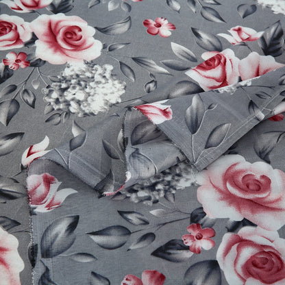 6 Piece - Gray Floral with Red and White Accents Printed Duvet Cover Set