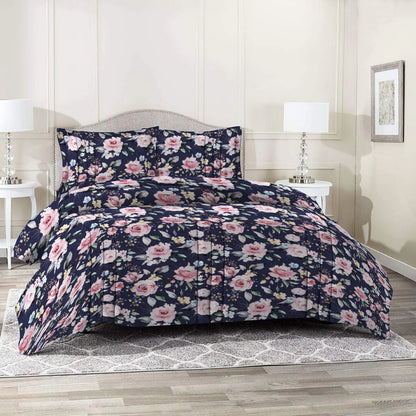 3 Piece - Pink Roses on Blue Printed Bed Sheet - 3032