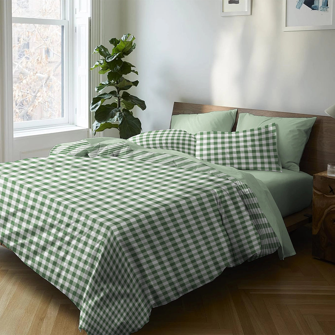 6 Piece - Green Checkered Printed - Comforter Set