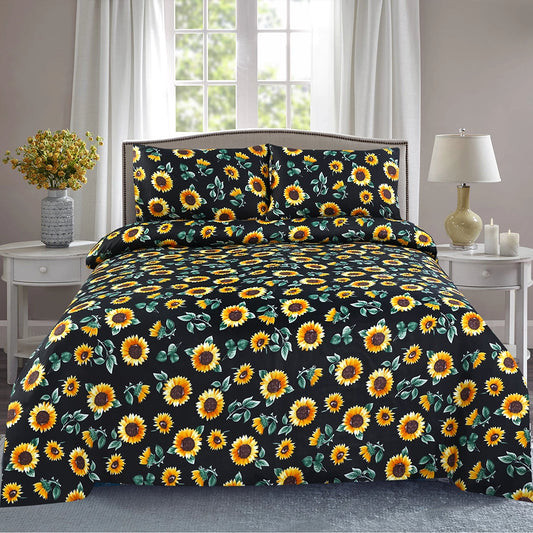 3 Piece - Cheerful Sunflower Patterned Bed Sheet Set - 3139