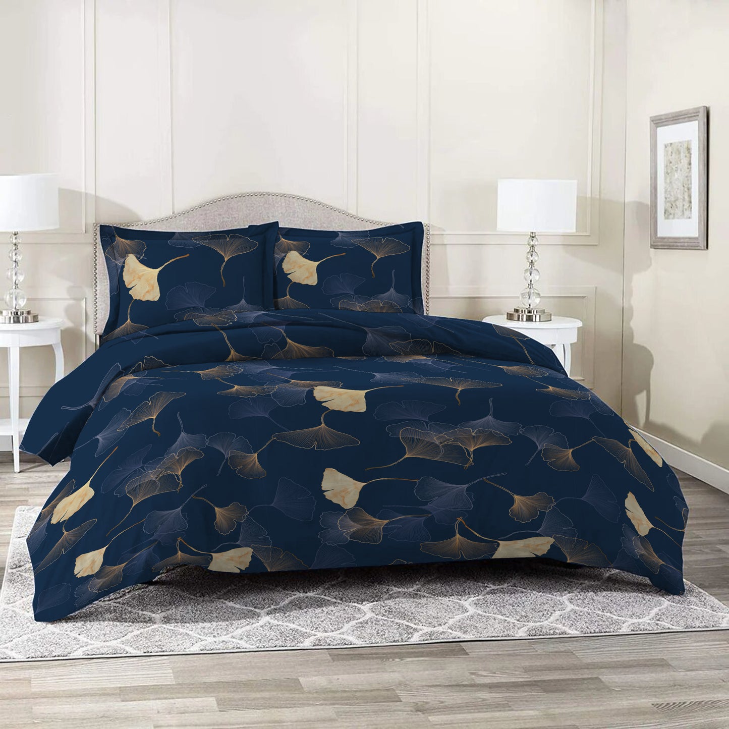 3 Piece - Dark Blue Autumn Leaf Pattern Printed Bed Sheet Set - 1050