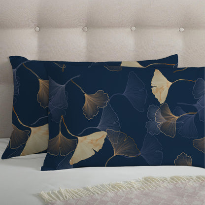 3 Piece - Dark Blue Autumn Leaf Pattern Printed Bed Sheet Set - 1050