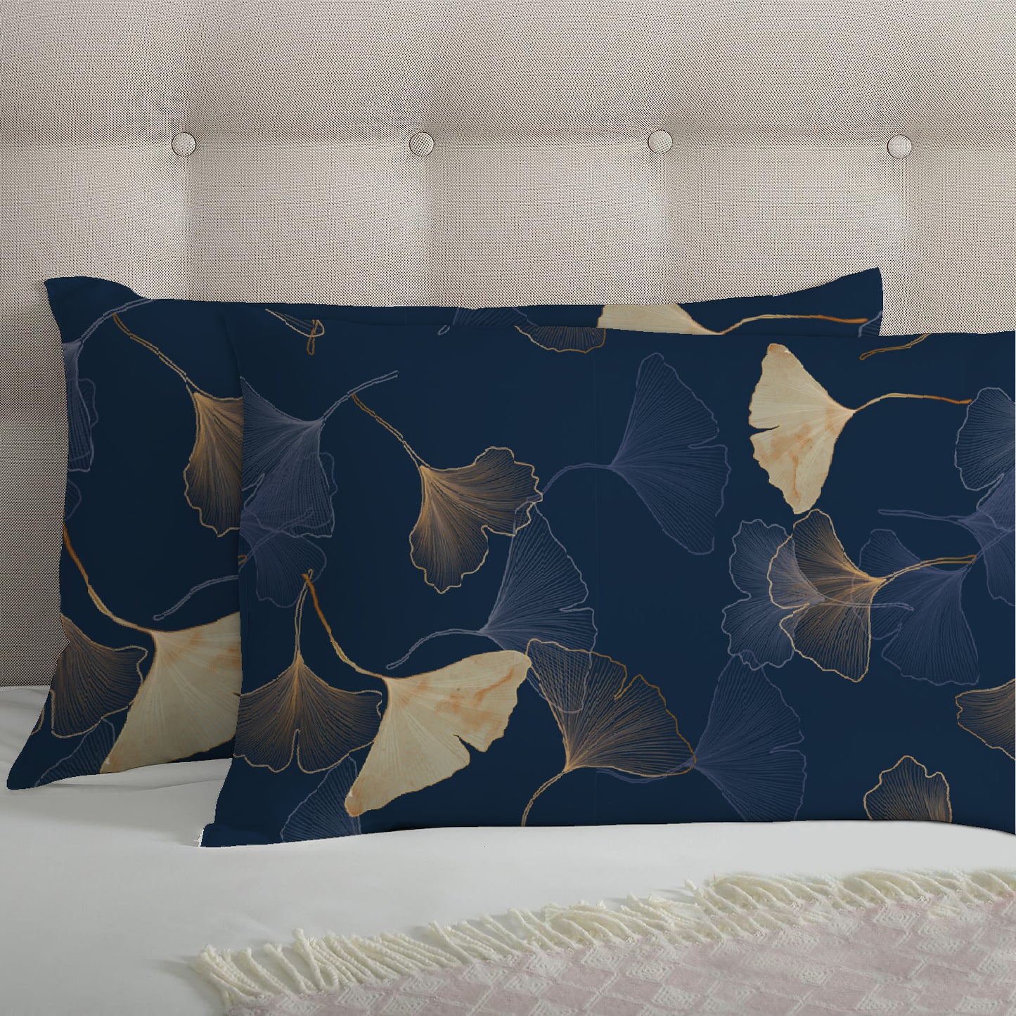 6 Piece - Dark Blue Autumn Leaf Pattern Printed Duvet Cover Set