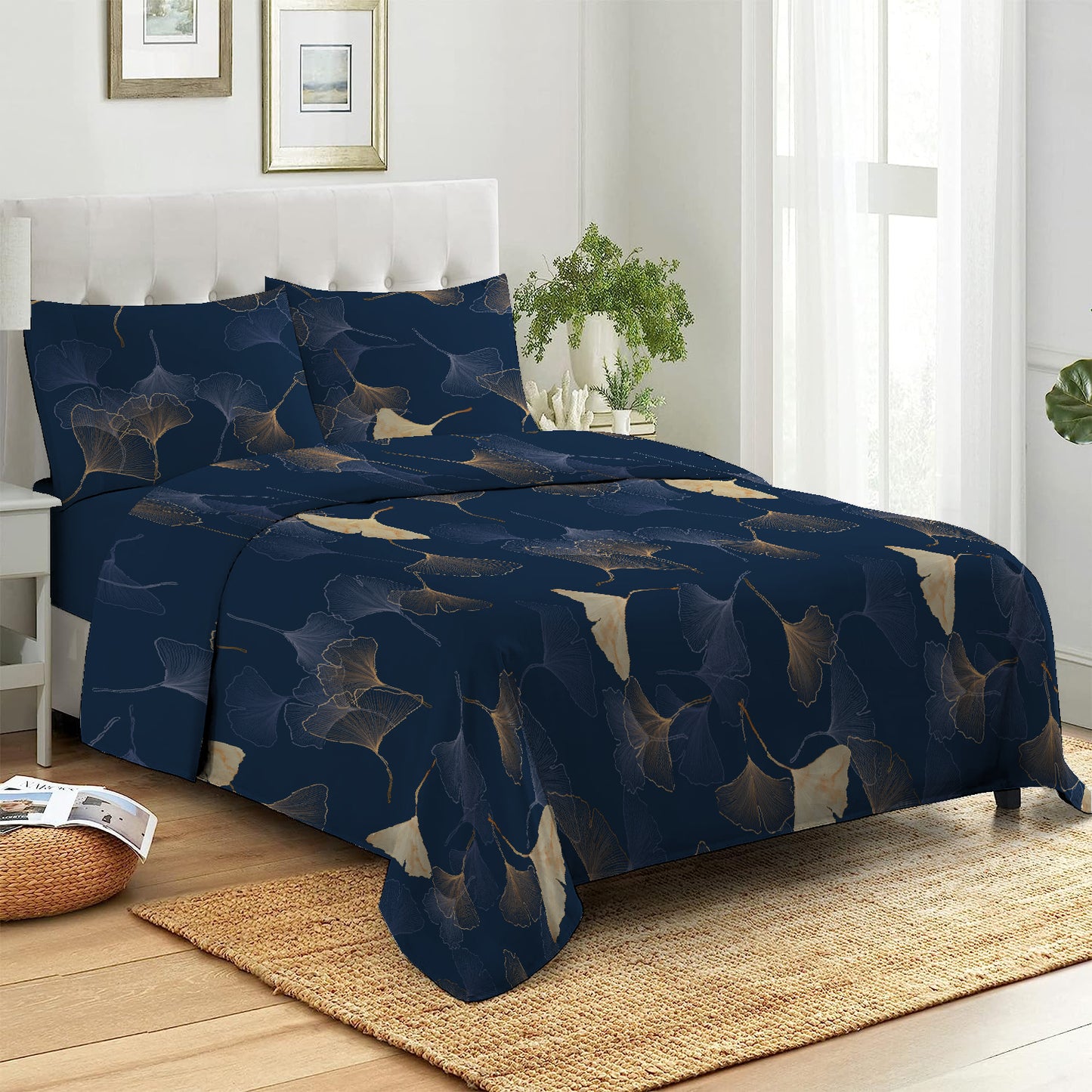 3 Piece - Dark Blue Autumn Leaf Pattern Printed Bed Sheet Set - 1050