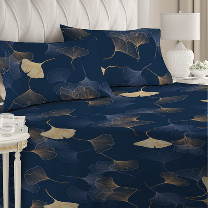 6 Piece - Dark Blue Autumn Leaf Pattern Printed Duvet Cover Set