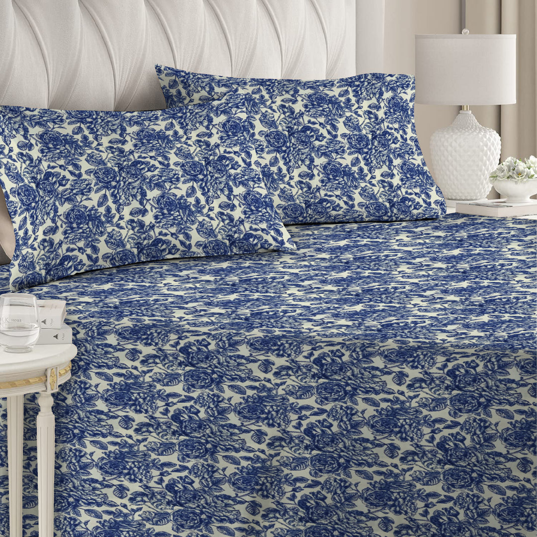 6 Piece - Blue Flower Printed Duvet Cover Set