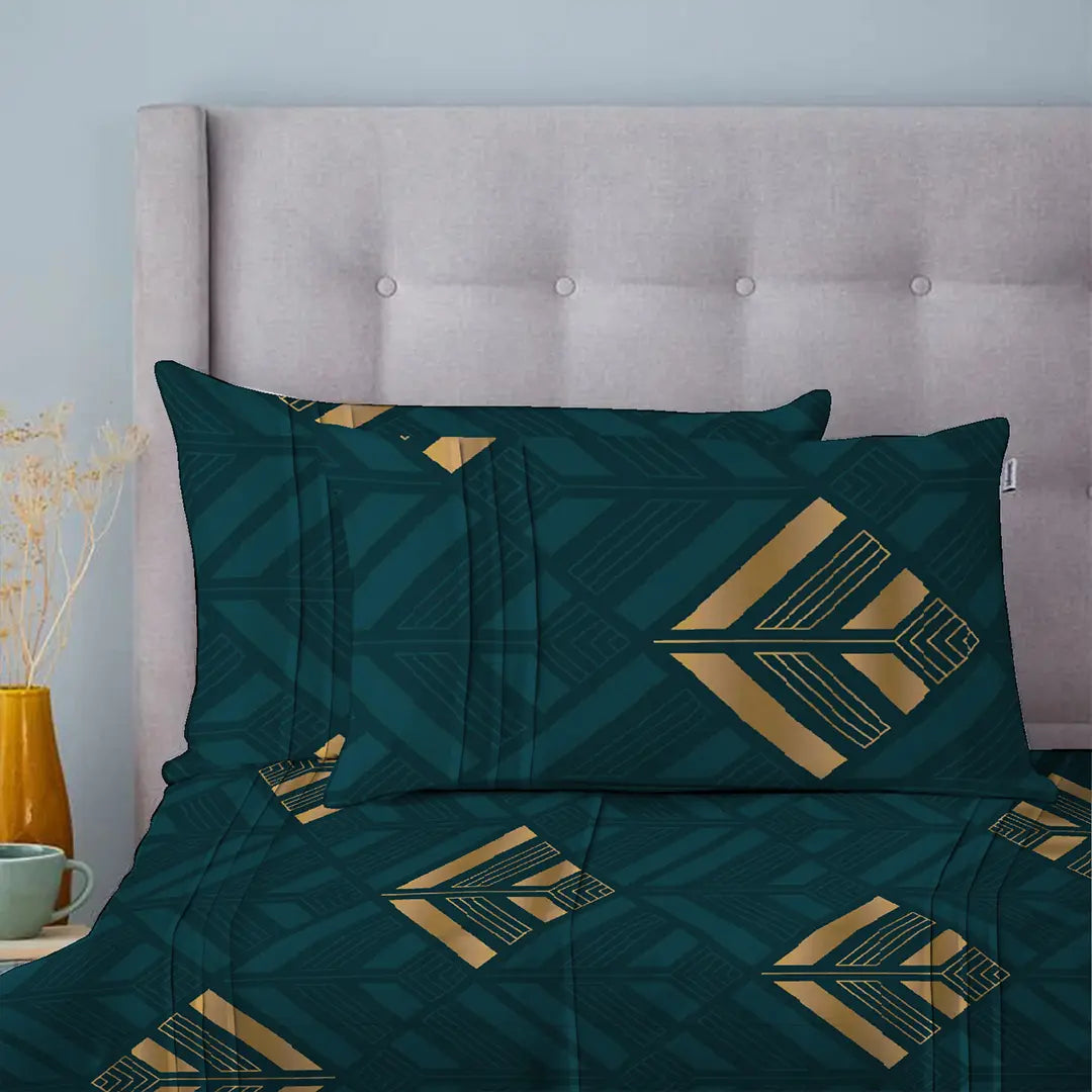 3 Piece - Timber Green Leaf Pattern Printed Bed Sheet Set