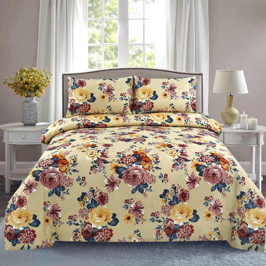 3 Piece - Burgundy, Yellow, and Cream Floral Printed Bed Sheet Set - 3125