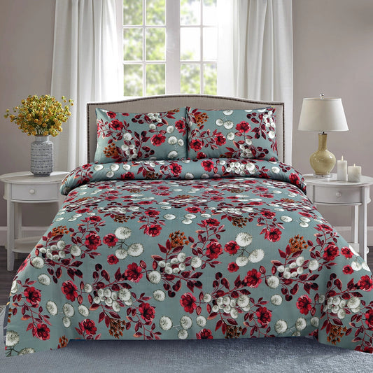 3 Piece - Gray, Red, Brown, and White Floral Printed Bed Sheet Set - 3138