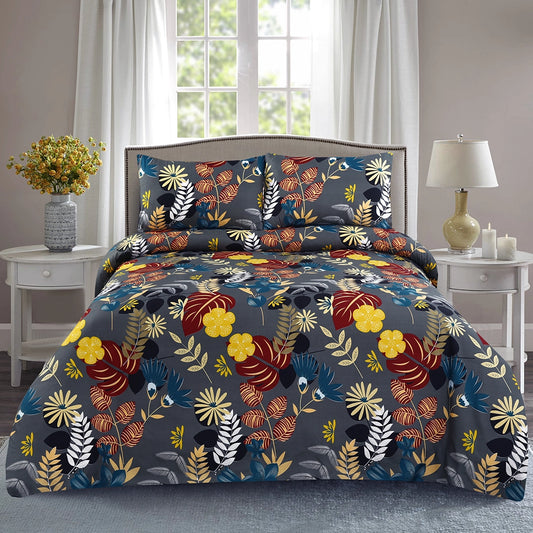 3 Piece - Gray, Orange, and Ivory Floral Printed Bed Sheet Set - 3129