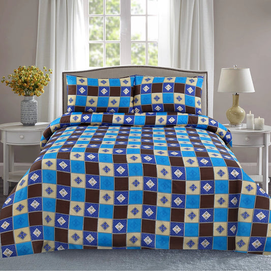 3 Piece - Blue, Brown, and Beige Checkered Printed Bed Sheet Set - 3134