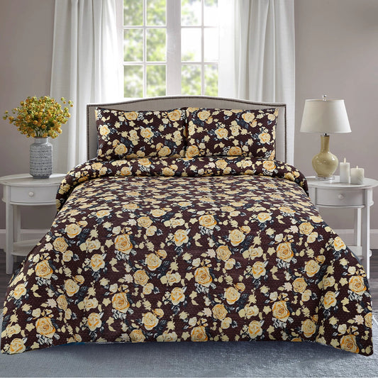 3 Piece - Brown and Gold Floral Printed Bed Sheet Set - 3136