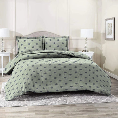 3 Piece - Green Stripe and Flower Printed Bed Sheet Set - 3003