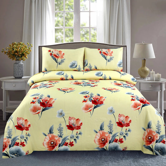 3 Piece - Red, Blue, and Yellow Floral Printed Bed Sheet Set - 3122