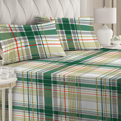 3 Piece - Light & Dark Green Checkered Printed Bed Sheet Set - 3154