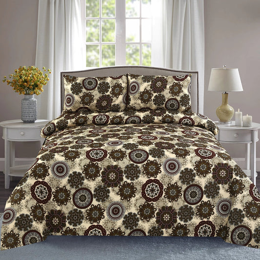 3 Piece - Brown, Beige, and Maroon Medallion Printed Bed Sheet Set - 3124