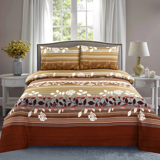 3 Piece - Brown, Beige, and White Floral Printed Bed Sheet Set - 3121