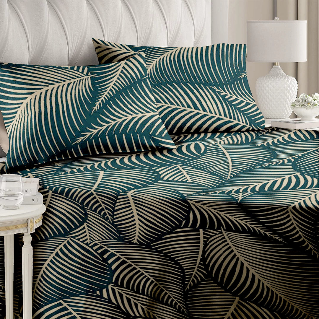 6 Piece - Dark Green Leaf Printed Duvet Cover Set