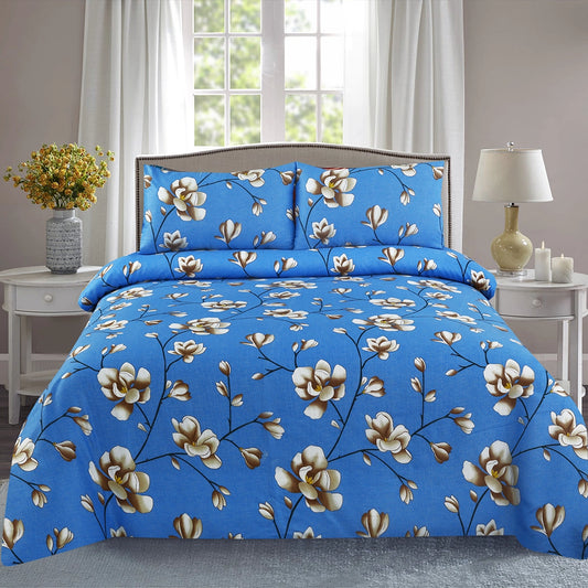 3 Piece - Blue and Light Brown Floral Printed Bed Sheet Set - 3140