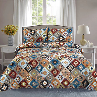 3 Piece - Geometric Diamond Patterned Printed Bed Sheet Set - 3126