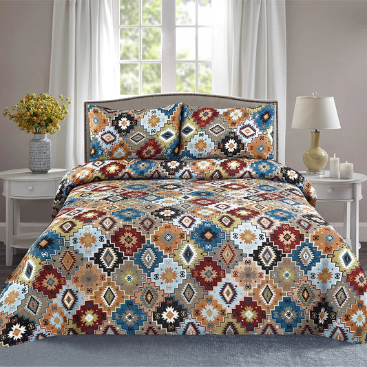 3 Piece - Geometric Diamond Patterned Printed Bed Sheet Set - 3126
