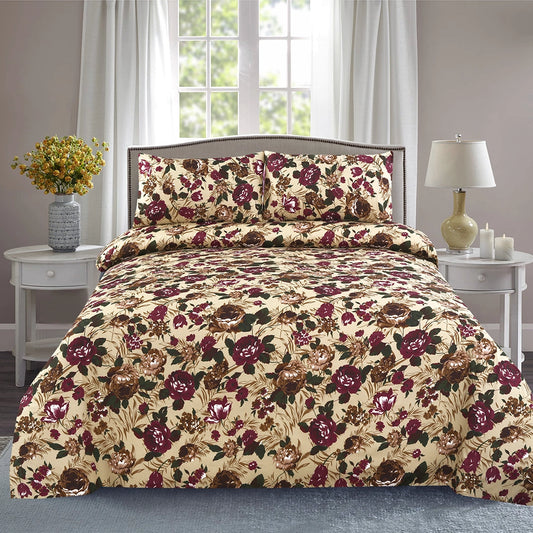 3 Piece - Burgundy, Brown, and Cream Floral Printed Bed Sheet Set - 3127