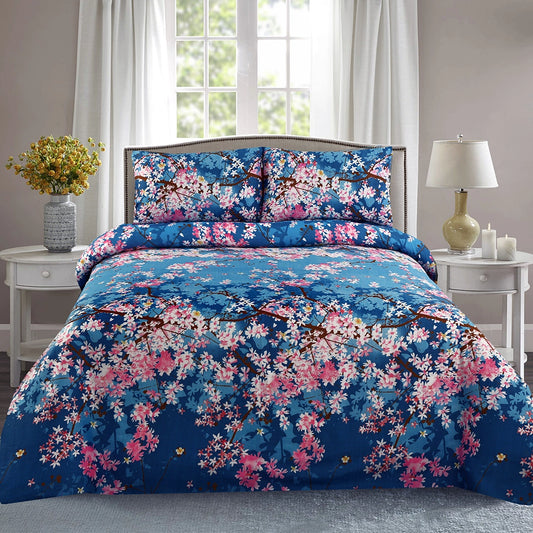 3 Piece - Dark Blue and Pink Floral Printed Bed Sheet Set - 3135