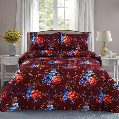 6 Piece - Maroon, Red, and Blue Floral Printed Duvet Cover Set
