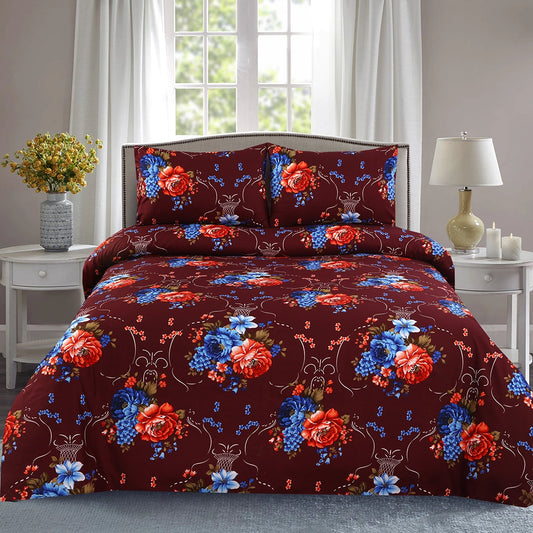 3 Piece - Maroon, Red, and Blue Floral Printed Bed Sheet Set - 3131