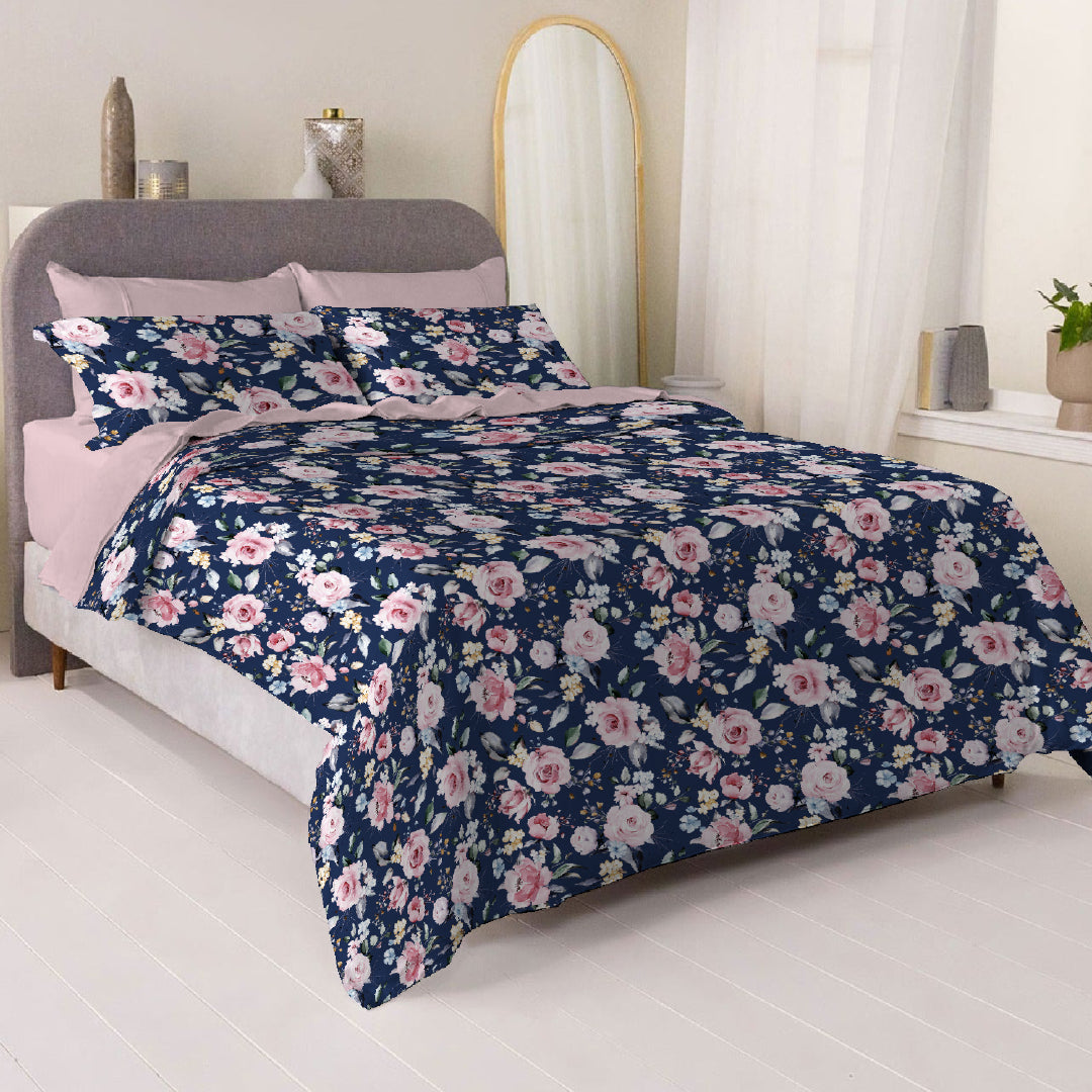 6 Piece - Pink Roses on Blue Printed - Comforter Set