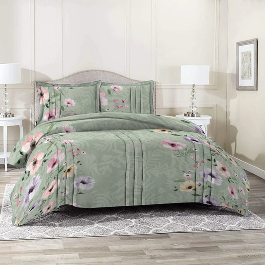 6 Piece - Grey Olive Floral Printed Duvet Cover Set