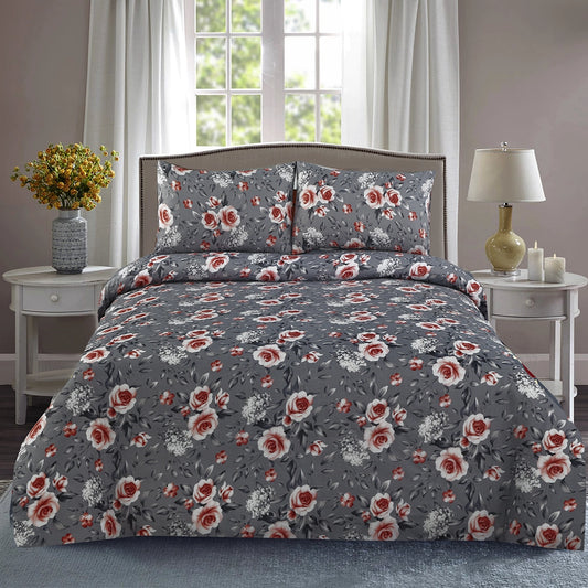 3 Piece - Gray Floral with Red and White Accents Printed Bed Sheet Set - 3137